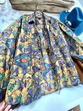 Stunning SILK boho blouse/cover up w YTK midcentury retro vibe